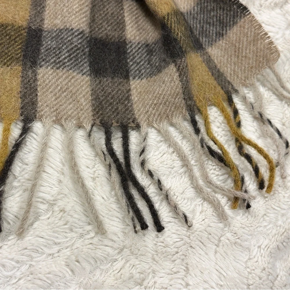 Bronte by Moon Lambswool Plaid Scarf in Blue, Brown, and Tan, Great Britain